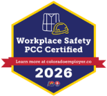 PCC Certified Workplace Safety badge 2026: blue hexagon with yellow border, helmet icon, and red ribbon inviting to learn more.