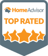 HomeAdvisor Top Rated badge with five orange stars on a shield-shaped blue background.
